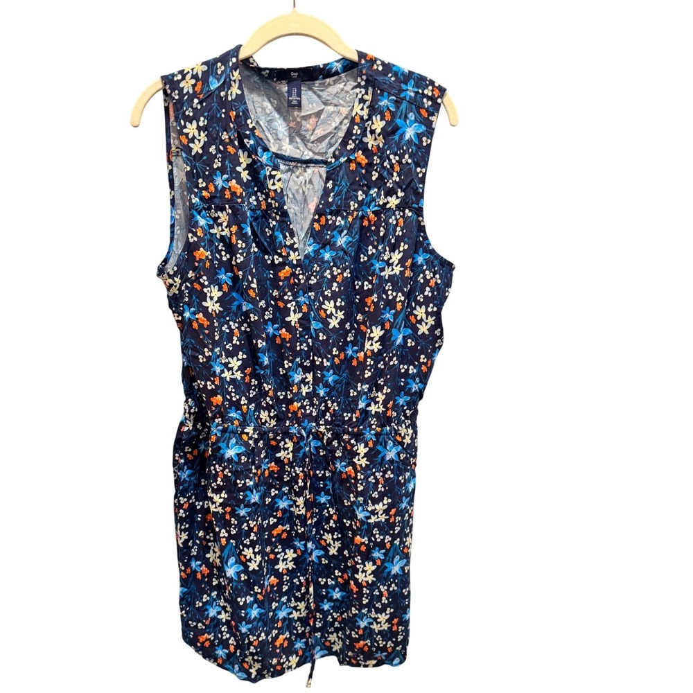 Gap Women Floral Sleeveless Dressโ Navy Blue Orange Blue L Elastic Tie Waist